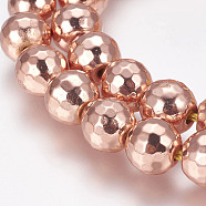Grade AA Non-Magnetic Synthetic Hematite Bead Strands, Round, Faceted(128 Facets), Rose Gold Plated, 10mm, Hole: 1.5mm, about 44pcs/strand, 15.7 inch(40cm)(X-G-G652-12RG)