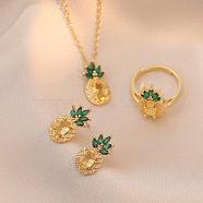 Pineapple Stainless Steel Rhinestone Pendant Necklace & Stud Earrings & Finger Ring Set, Golden, 400mm(WG65275-04)