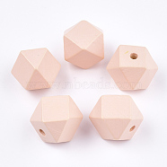 Painted Natural Wooden Beads, Faceted, Polygon, Pink, 15.5~16x14.5~15.5x15.5~16.5mm, Hole: 3mm(WOOD-Q040-017A-09)