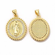 Rack Plating Brass Micro Pave Cubic Zirconia Charms, Cadmium Free & Lead Free, Real 18K Gold Plated, Long-Lasting Plated, Oval with Virgin Mary Pattern Charm, Clear, 24x18x3mm, Hole: 3.5x4.5mm(KK-G456-11G)