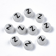 Acrylic Beads, with Enamel and Luminous, Horizontal Hole, Flat Round with Black Letter, Glow in the Dark, Light Grey, Letter.Z, 7x3.5mm, Hole: 1.5mm, about 3600~3700pcs/500g(SACR-S273-29Z)