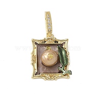 Brass Enamel Pendants, with Natural Freshwater Pearls and Brass Micro Pave Cubic Zirconia Clasp, Rectangle Charm, Sienna, 24x19x8mm, Hole: 8x4.5mm(KK-F886-01G-01)