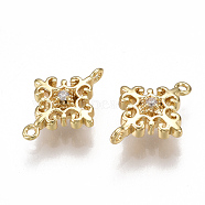 Brass Links connectors, with Cubic Zirconia, Flower, Clear, Nickel Free, Real 18K Gold Plated, 13x10x3.5mm, Hole: 0.8mm(KK-T038-63G)