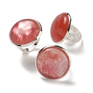 Cherry Quartz Glass Round Adjustable Rings, Lead Free & Cadmium Free, Silver Plated Brass Finger Rings for Women Men, Round: 28mm, Inner Diameter: 18mm(RJEW-K371-09S-23)