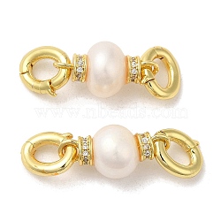 Double Rack Plating Brass Pave Clear Cubic Zirconia Twister Clasps, with Natural Pearl, Lead Free & Cadmium Free, Long-Lasting Plated, Real 18K Gold Plated, 35x10mm(KK-C030-06G)