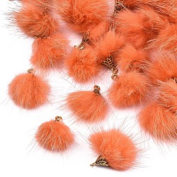 Faux Mink Fur Tassel Pendant Decorations, with Alloy Findings, Antique Golden, Orange Red, 20~30x28~30mm, Hole: 1.8mm(FIND-S300-37S)