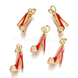 Brass Micro Pave Clear Cubic Zirconia Stilettos Pendants, Long-Lasting Plated, with Jump Rings and Enamel, High-heeled Shoes, Real 18K Gold Plated, Red, 16.2x5.5x8.8mm, Hole: 3mm, jump ring: 5x0.9mm(ZIRC-B002-35G-B)