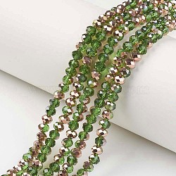 Electroplate Transparent Glass Beads Strands, Half Copper Plated, Faceted, Rondelle, Lime Green, 3x2mm, Hole: 0.8mm, about 150~155pcs/strand, 15~16 inch(38~40cm)(EGLA-A034-T2mm-N02)