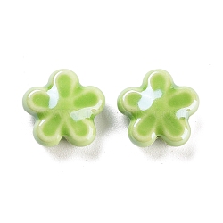 Handmade Porcelain Beads, Famille Rose Style, Flower, Lawn Green, 11.5x12x5.5mm, Hole: 2mm, 2PCs/Set(PORC-O005-01C)