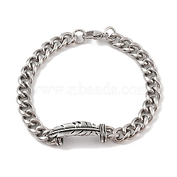 Ion Plating(IP) 304 Stainless Steel Feather Link Chain Bracelets for Men, Antique Silver, 9-1/8 inch(23cm)(BJEW-B096-44AS)