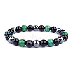 Dyed Natural Tiger Eye & Obsidian Round Beaded Stretch Bracelet, Green, 7-1/2 inch(19cm), Beads: 8mm(PW-WG77768-06)