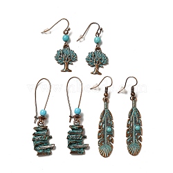 3 Pairs 3 Style Tree & Feather & Stone Shape Alloy Dangle Earrings Set, Resin Beaded Long Drop Earrings for Women, Red Copper & Green Patina, 41.5~58mm, Pin: 0.8mm, 1 Pair/style(EJEW-G330-03R)
