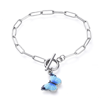 Charm Bracelets, with Printed Alloy Enamel Pendants, 304 Stainless Steel Paperclip Chains and Toggle Clasps, Butterfly, Stainless Steel Color, 8 inch(20.2cm)