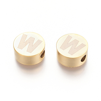 304 Stainless Steel Beads, Flat Round with Letter, Letter.W, 10x4.5mm, Hole: 2mm