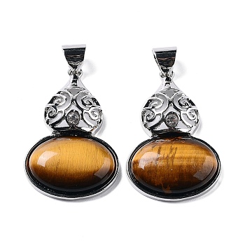 Natural Tiger Eye Oval Pendants, Platinum Tone Alloy Pave Crystal Rhinestone Gourd Charms, 43.5x28x7.5mm, Hole: 5.8x7.2mm