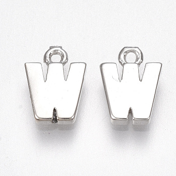Brass Charms, Letter, Nickel Free, Real Platinum Plated, Letter.W, 8.5x6x1.5mm, Hole: 0.8mm