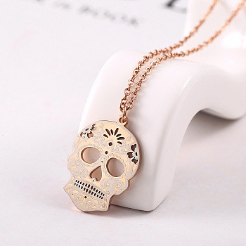 Stainless Steel Mexican Candy Skull Pendant Necklaces, Rose Gold