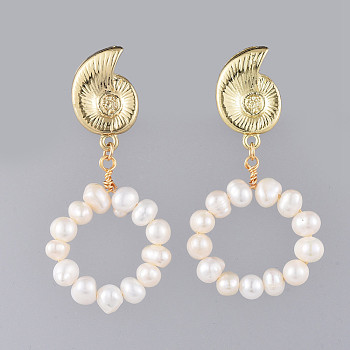 Dangle Stud Earrings, with Natural Pearl Beads, Brass Findings and Plastic Ear Nuts, Snail, Golden, 57mm, Pin: 0.7mm
