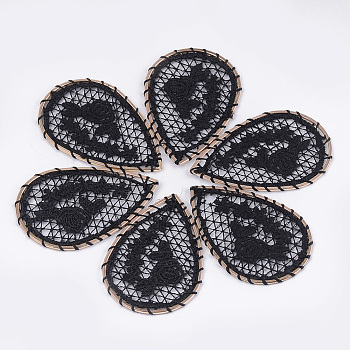 Polyester Woven Big Pendant Decorations, with Iron Findings, Teardrop with Flower, Light Gold, Black, 53~54.5x37.5x2mm