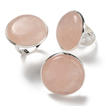 Natural Rose Quartz Round Adjustable Rings, Lead Free & Cadmium Free, Silver Plated Brass Finger Rings for Women Men, Round: 28mm, Inner Diameter: 18mm