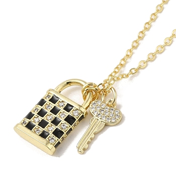 Brass Micro Pave Cubic Zirconia Pendant Necklace, with Enamel, Lock and Key, Real 18K Gold Plated, Black, 18.23 inch(463mm)