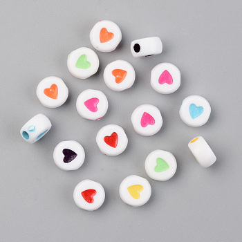 Opaque Acrylic Beads, Flat Round with Heart, Mixed Color, 7x4mm, Hole: 1.8mm, 3800pcs/500g