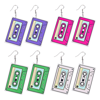 FIBLOOM 4 Pairs 4 Colors Acrylic Audio Tape Shape Dangle Earrings with 304 Stainless Steel Pins for Women, Mixed Color, 78x33mm, 1 Pair/color