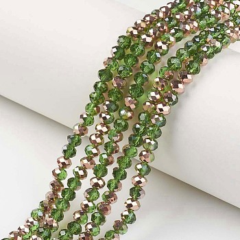 Electroplate Transparent Glass Beads Strands, Half Copper Plated, Faceted, Rondelle, Lime Green, 3x2mm, Hole: 0.8mm, about 150~155pcs/strand, 15~16 inch(38~40cm)