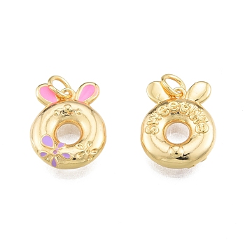 Brass Enamel Pendants, with Jump Ring, Rabbit with Flower, Real 18K Gold Plated, 16.5x13x3.7mm, Hole: 3mm