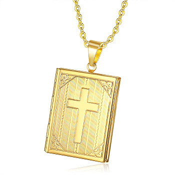 Titanium Steel Rectangle with Cross Pendant Necklace, Photo Locket Necklaces, Golden, 19.69 inch(50cm)