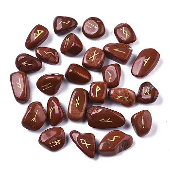 Natural Red Jasper Beads, Tumbled Stone, Healing Stones for Chakras Balancing, Crystal Therapy, Meditation, Reiki, Divination Stone, No Hole/Undrilled, Nuggets with Runes/Futhark/Futhorc, 14~33x11~22x5~16mm, about 25pcs/set