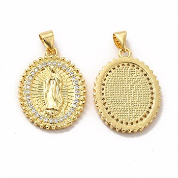 Rack Plating Brass Micro Pave Cubic Zirconia Charms, Cadmium Free & Lead Free, Real 18K Gold Plated, Long-Lasting Plated, Oval with Virgin Mary Pattern Charm, Clear, 24x18x3mm, Hole: 3.5x4.5mm