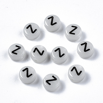 Acrylic Beads, with Enamel and Luminous, Horizontal Hole, Flat Round with Black Letter, Glow in the Dark, Light Grey, Letter.Z, 7x3.5mm, Hole: 1.5mm, about 3600~3700pcs/500g
