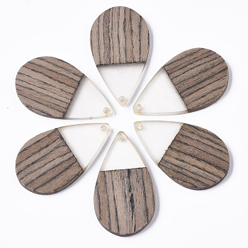 Resin & Walnut Wood Pendants, Waxed, Teardrop, Clear, 40x23x3.5mm, Hole: 1.8mm