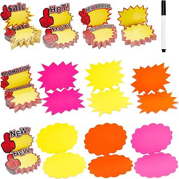 Nbeads 12 Bags 12 Style Explosive Shape & Word Blank Signs Sales Price Label Tags, with 1Pcs Plastic Erasable Pen, for Retail Store Commerce Favors Display, Mixed Color, 9~17x7.5~13x0.03cm, 1bag/style