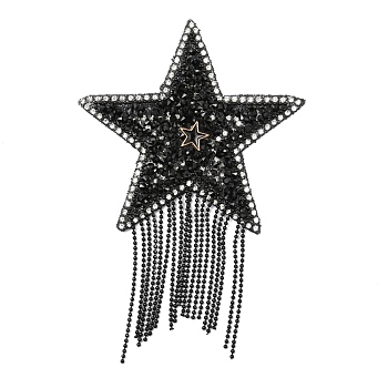 Star Resin Hotfix Rhinestone, with Tassel, Iron on Patches, for Dress, Shoes, Garment Decoration, Black, 135mm