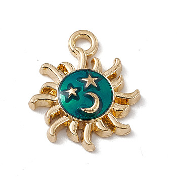Alloy Enamel Pendants, Golden, Sun with Star & Moon Charm, Light Sea Green, 18x15.5x3.5mm, Hole: 2mm