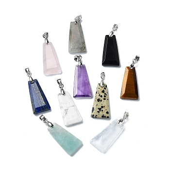 Faceted Natural & Synthetic Mixed Gemstone Pendants, Trapezoid Charms with Platinum Plated Iron Snap on Bails, 25x13x4mm, Hole: 5.5x4mm