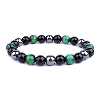 Dyed Natural Tiger Eye & Obsidian Round Beaded Stretch Bracelet, Green, 7-1/2 inch(19cm), Beads: 8mm