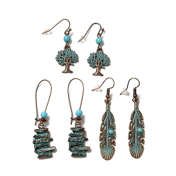 3 Pairs 3 Style Tree & Feather & Stone Shape Alloy Dangle Earrings Set, Resin Beaded Long Drop Earrings for Women, Red Copper & Green Patina, 41.5~58mm, Pin: 0.8mm, 1 Pair/style