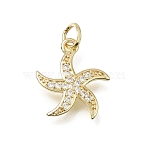 Brass Micro Pave Clear Cubic Zirconia Charms, with Jump Ring, Starfish Charms, Rack Plating, Long-Lasting Plated, Cadmium Free & Lead Free, Real 18K Gold Plated, 15x13.5x2mm, Hole: 3mm(CU-L001-11G-01)