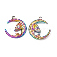 Ion Plating(IP) 304 Stainless Steel Pendants, Moon with Skull Charm, Rainbow Color, 28x24.5x2.5mm, Hole: 3mm(STAS-B031-31R)