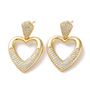 Brass Pave Cubic Zirconia Stud Earrings, Heart with Hollow Heart, Real 16K Gold Plated, 30.5x20mm(EJEW-M258-07G)