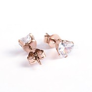 Heart 304 Stainless Steel Cubic Zirconia Stud Earrings, Rose Gold, 4x4mm, Pin: 0.9mm(EJEW-H306-28RG-4mm)