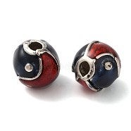 Rack Plating Brass Enamel Beads, Long-Lasting Plated, Cadmium Free & Lead Free, Round with Yin-yang, Antique Silver, 11x11.5mm, Hole: 3mm(KK-P276-38AS)