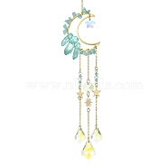 Moon & Star Brass Hanging Ornaments, Natural Aquamarine Chips and Glass Tassel Suncatchers, 278mm, Hole: 10mm(HJEW-JM01478-02)