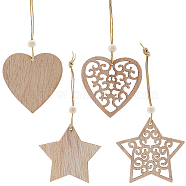 2 Sets 2 Style Christmas Theme Wood Pendants Decoration, for Christmas Tree Hanging Decorations, Star & Heart, Mixed Shapes, 107~117mm, 12pcs/set, 1 set/style(HJEW-GF0001-39B)