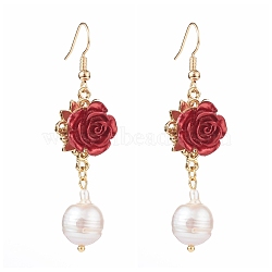 ABS Plastic Rose Dangle Earring, with Brass Earring Hooks and Natural Pearl Beads, Red, Real 18K Gold Plated, 60mm, Pin: 0.7mm(EJEW-JE04507-01)