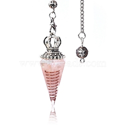 Natural Rose Quartz Chip & Resin Dowsing Pendulum Big Pendants, with Platinum Plated Metal Crown, Cone Charm, 300mm(PW-WG89635-06)