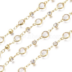 Handmade Brass Link Chains, with Faceted Glass, Rhinestone and Spool, Soldered, Long-lasting Plated, Flat Round, Golden, Clear, Glass Links: 13x6.5x3mm,  Rhinestone Links: 8x4x3.5mm, Link: 4.5x2.5x0.4mm, about 32.8 Feet(10m)/roll(CHC-H100-03F)